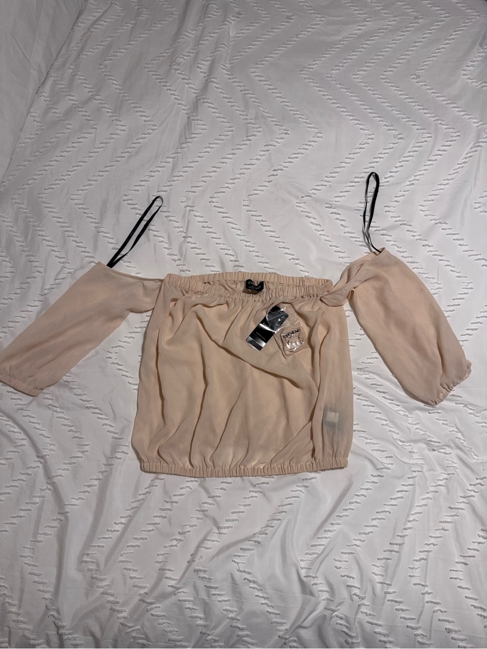 bebe Sheer Off-Shoulder Blouse in Blush Nude
